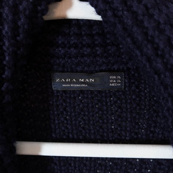 ZARA MAN Cable Shawl Collar Cardigan Sweater XL Wool Blend Navy Blue Grandpa - Picture 5 of 6